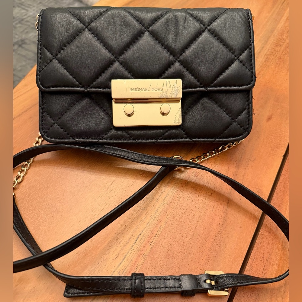 Michael Kors Sloan Quilted Leather Crossbody Black Gold Chain Shoulder Bag